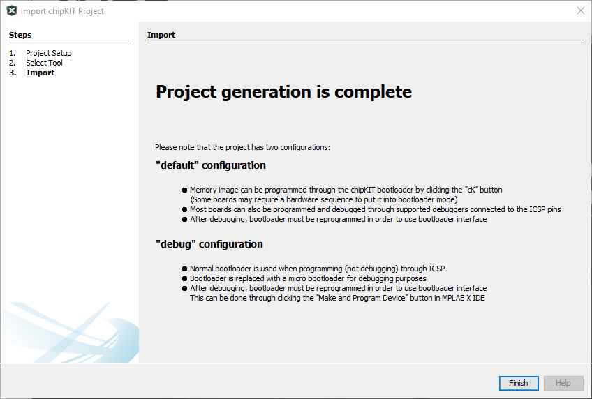  chipKIT Importer Complete Dialog with Important Messages.